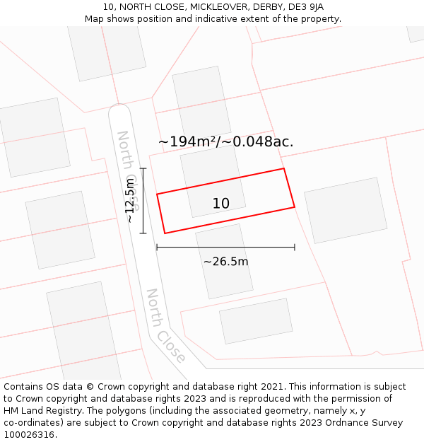 10, NORTH CLOSE, MICKLEOVER, DERBY, DE3 9JA: Plot and title map