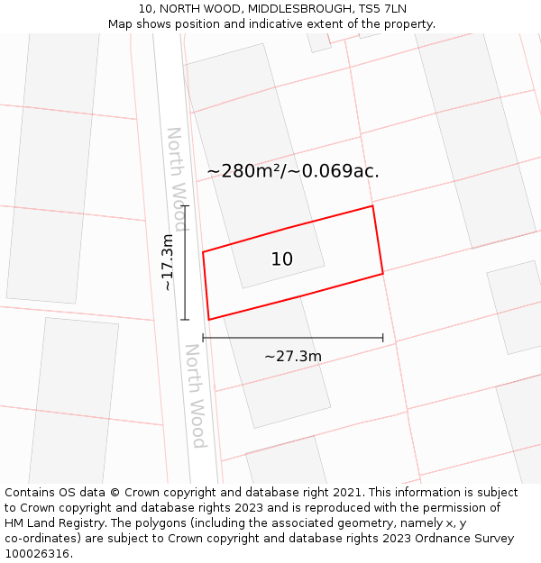 10, NORTH WOOD, MIDDLESBROUGH, TS5 7LN: Plot and title map