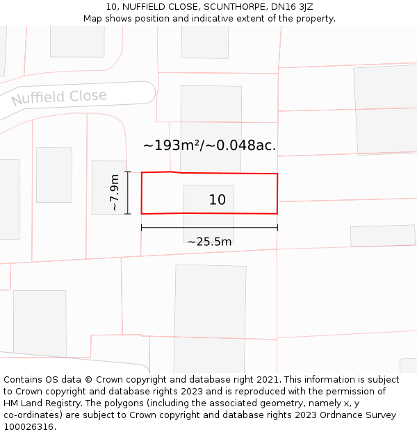 10, NUFFIELD CLOSE, SCUNTHORPE, DN16 3JZ: Plot and title map