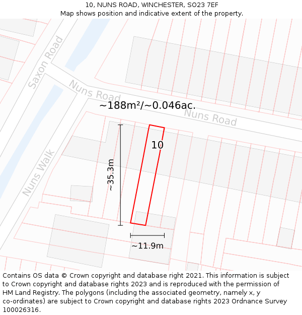 10, NUNS ROAD, WINCHESTER, SO23 7EF: Plot and title map