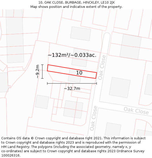 10, OAK CLOSE, BURBAGE, HINCKLEY, LE10 2JX: Plot and title map