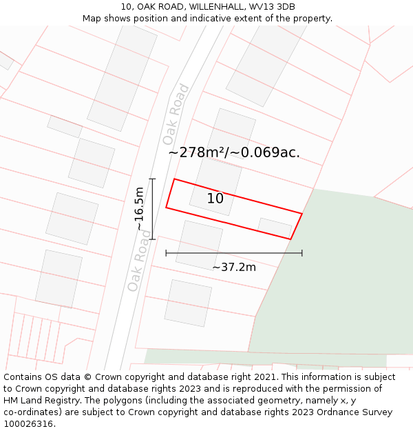 10, OAK ROAD, WILLENHALL, WV13 3DB: Plot and title map