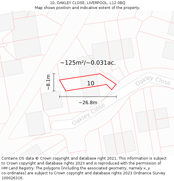 10, OAKLEY CLOSE, LIVERPOOL, L12 0BQ: Plot and title map