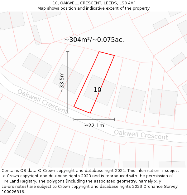 10, OAKWELL CRESCENT, LEEDS, LS8 4AF: Plot and title map