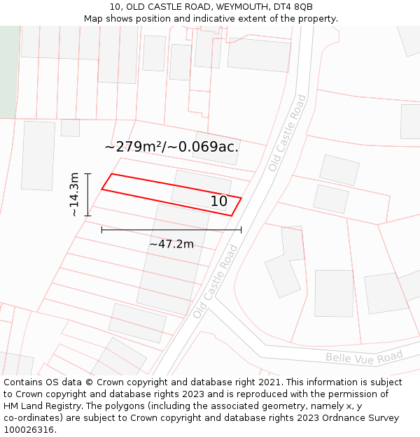 10, OLD CASTLE ROAD, WEYMOUTH, DT4 8QB: Plot and title map