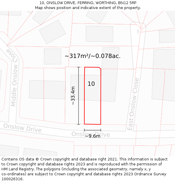 10, ONSLOW DRIVE, FERRING, WORTHING, BN12 5RP: Plot and title map