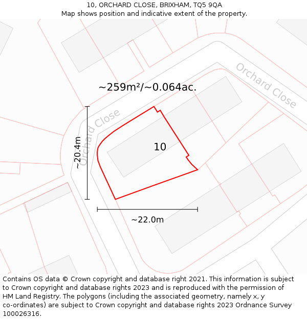 10, ORCHARD CLOSE, BRIXHAM, TQ5 9QA: Plot and title map