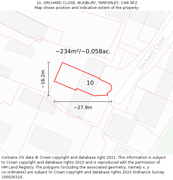 10, ORCHARD CLOSE, BUNBURY, TARPORLEY, CW6 9PZ: Plot and title map