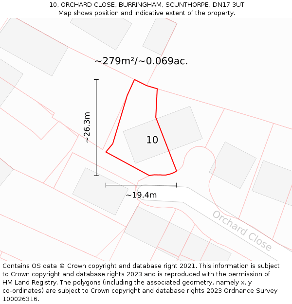 10, ORCHARD CLOSE, BURRINGHAM, SCUNTHORPE, DN17 3UT: Plot and title map