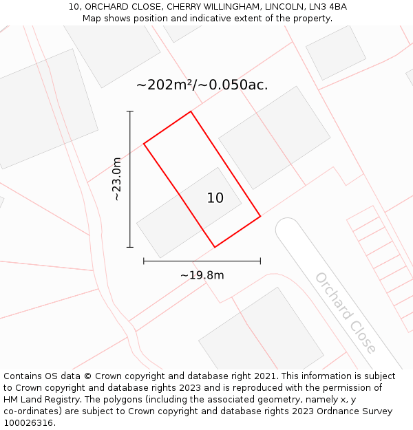 10, ORCHARD CLOSE, CHERRY WILLINGHAM, LINCOLN, LN3 4BA: Plot and title map