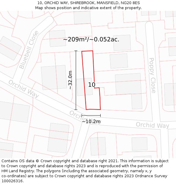 10, ORCHID WAY, SHIREBROOK, MANSFIELD, NG20 8ES: Plot and title map