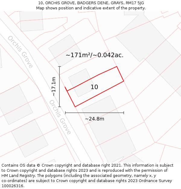 10, ORCHIS GROVE, BADGERS DENE, GRAYS, RM17 5JG: Plot and title map