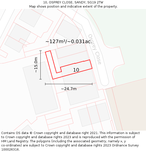 10, OSPREY CLOSE, SANDY, SG19 2TW: Plot and title map