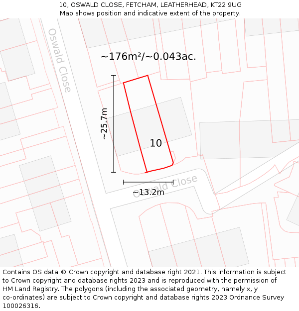 10, OSWALD CLOSE, FETCHAM, LEATHERHEAD, KT22 9UG: Plot and title map