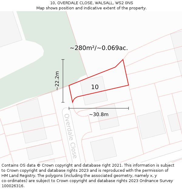 10, OVERDALE CLOSE, WALSALL, WS2 0NS: Plot and title map
