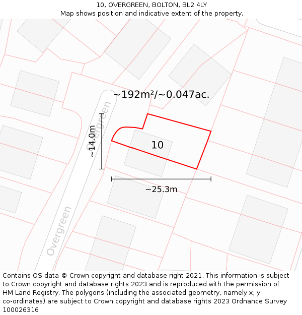 10, OVERGREEN, BOLTON, BL2 4LY: Plot and title map