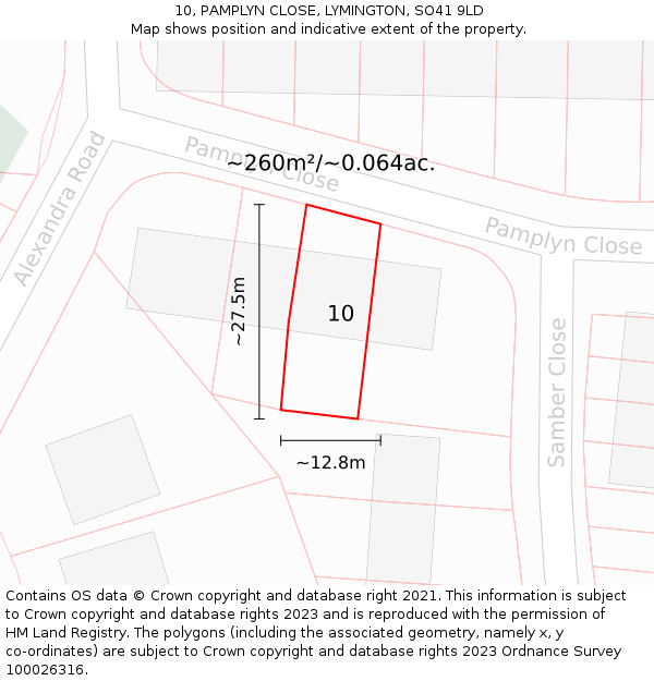 10, PAMPLYN CLOSE, LYMINGTON, SO41 9LD: Plot and title map