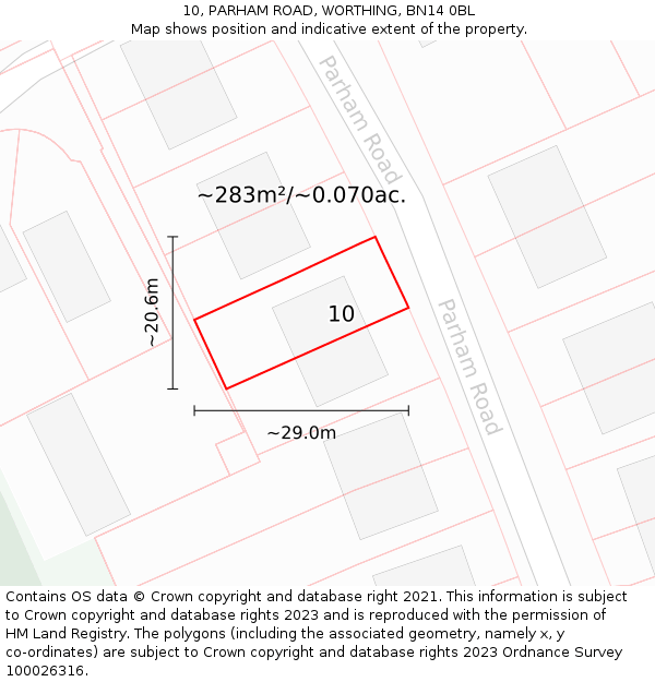10, PARHAM ROAD, WORTHING, BN14 0BL: Plot and title map