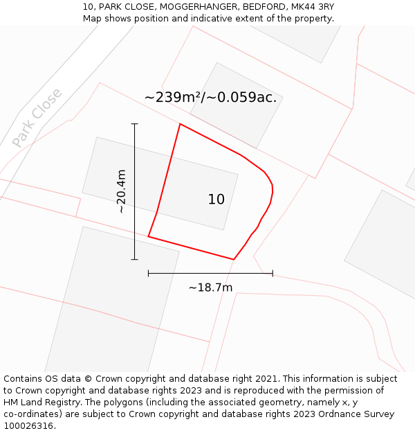 10, PARK CLOSE, MOGGERHANGER, BEDFORD, MK44 3RY: Plot and title map