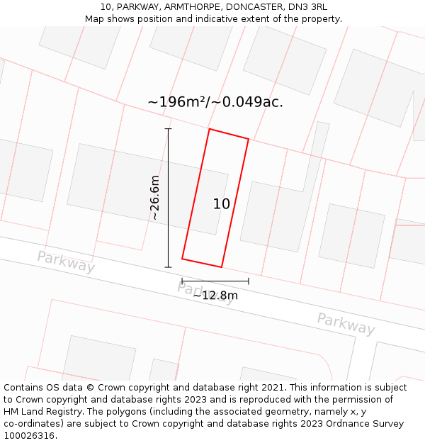 10, PARKWAY, ARMTHORPE, DONCASTER, DN3 3RL: Plot and title map
