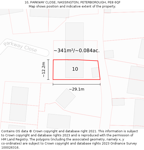 10, PARKWAY CLOSE, NASSINGTON, PETERBOROUGH, PE8 6QF: Plot and title map