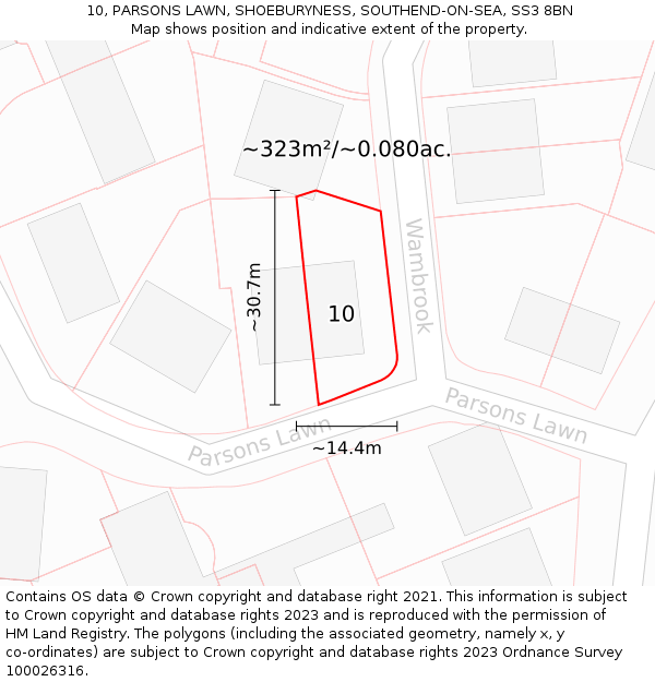 10, PARSONS LAWN, SHOEBURYNESS, SOUTHEND-ON-SEA, SS3 8BN: Plot and title map