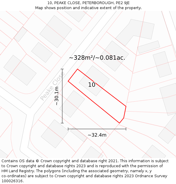10, PEAKE CLOSE, PETERBOROUGH, PE2 9JE: Plot and title map