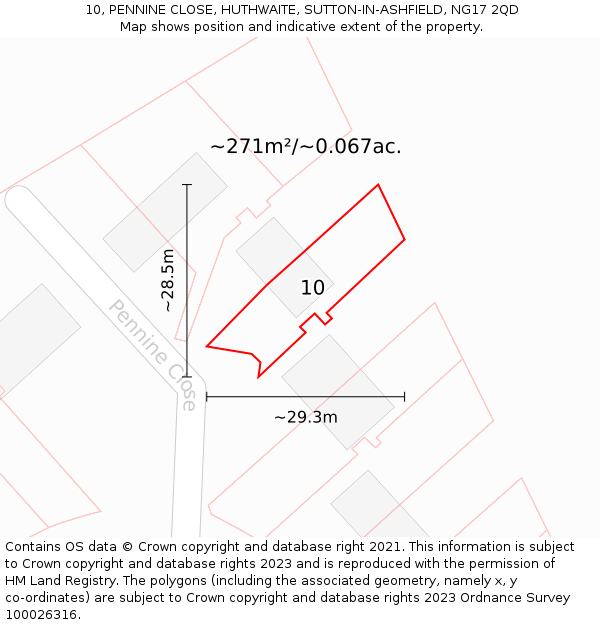 10, PENNINE CLOSE, HUTHWAITE, SUTTON-IN-ASHFIELD, NG17 2QD: Plot and title map