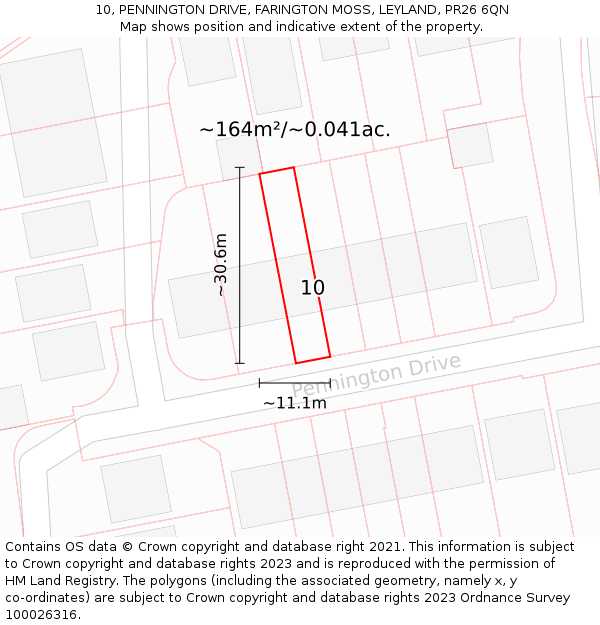 10, PENNINGTON DRIVE, FARINGTON MOSS, LEYLAND, PR26 6QN: Plot and title map