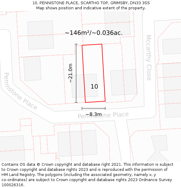 10, PENNISTONE PLACE, SCARTHO TOP, GRIMSBY, DN33 3SS: Plot and title map