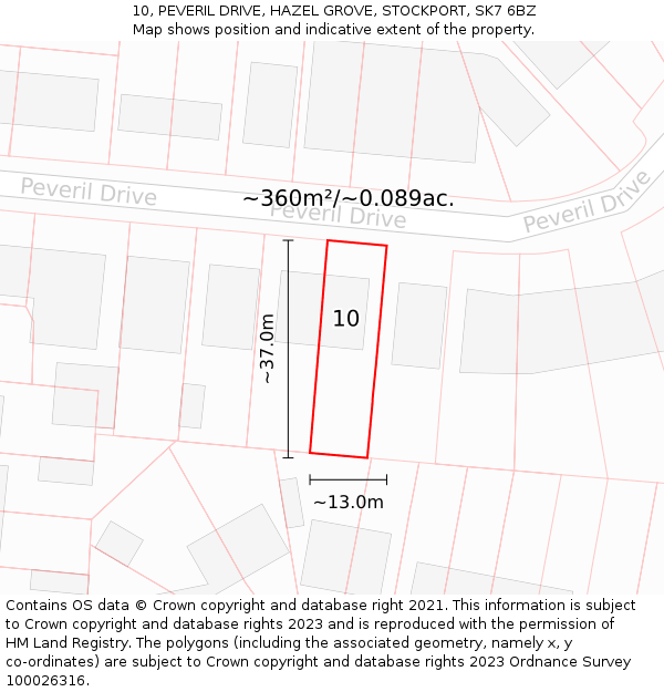 10, PEVERIL DRIVE, HAZEL GROVE, STOCKPORT, SK7 6BZ: Plot and title map