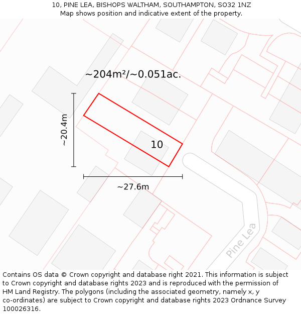 10, PINE LEA, BISHOPS WALTHAM, SOUTHAMPTON, SO32 1NZ: Plot and title map