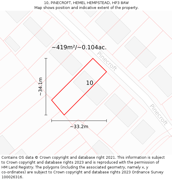 10, PINECROFT, HEMEL HEMPSTEAD, HP3 8AW: Plot and title map
