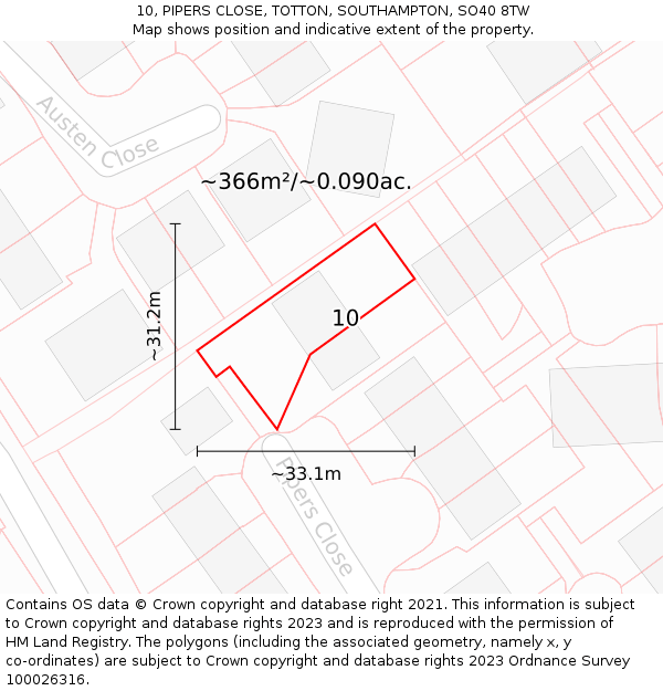 10, PIPERS CLOSE, TOTTON, SOUTHAMPTON, SO40 8TW: Plot and title map