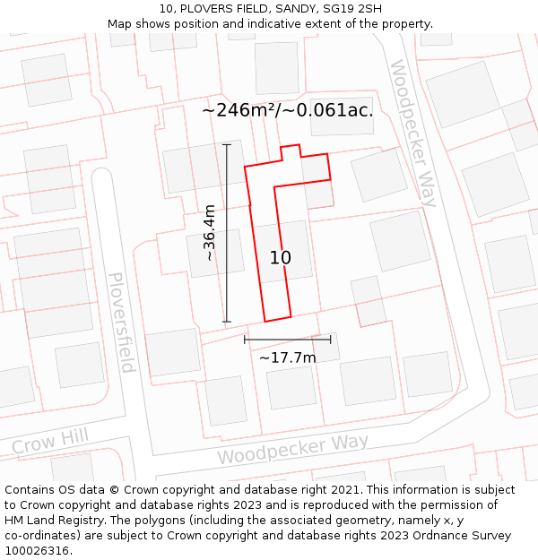 10, PLOVERS FIELD, SANDY, SG19 2SH: Plot and title map