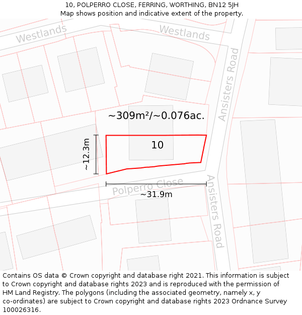 10, POLPERRO CLOSE, FERRING, WORTHING, BN12 5JH: Plot and title map