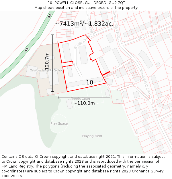 10, POWELL CLOSE, GUILDFORD, GU2 7QT: Plot and title map