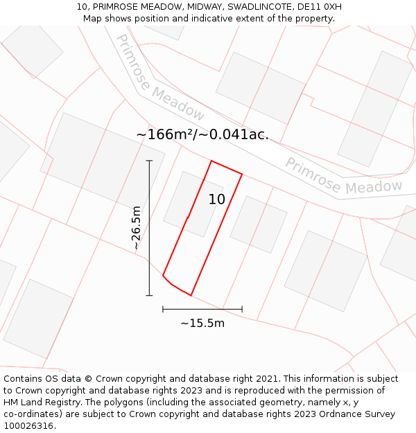 10, PRIMROSE MEADOW, MIDWAY, SWADLINCOTE, DE11 0XH: Plot and title map