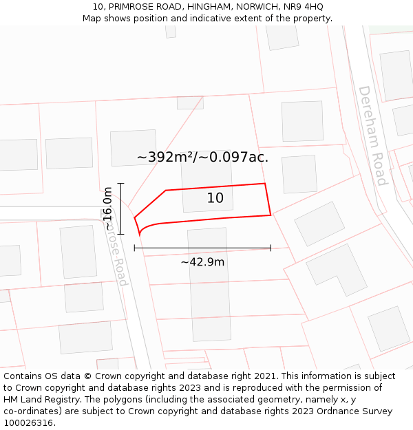 10, PRIMROSE ROAD, HINGHAM, NORWICH, NR9 4HQ: Plot and title map