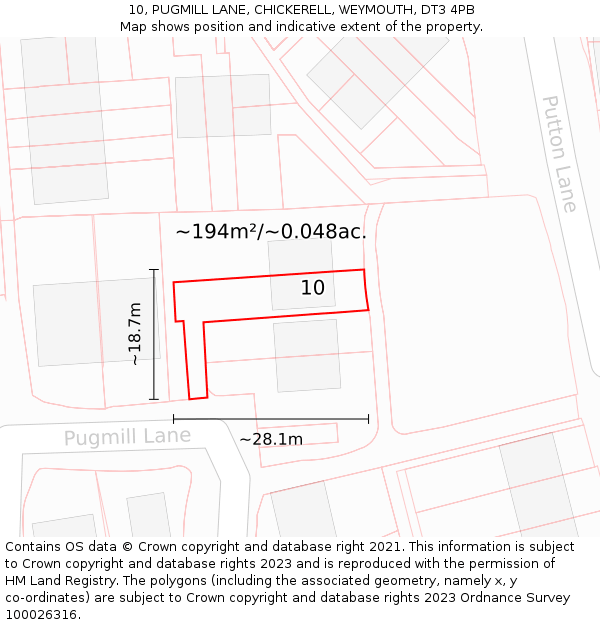 10, PUGMILL LANE, CHICKERELL, WEYMOUTH, DT3 4PB: Plot and title map