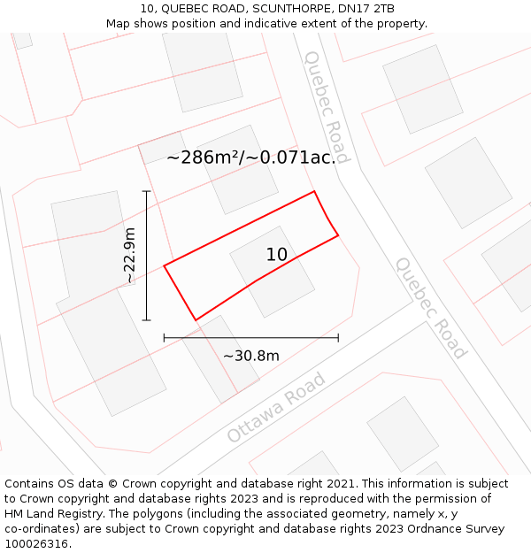 10, QUEBEC ROAD, SCUNTHORPE, DN17 2TB: Plot and title map