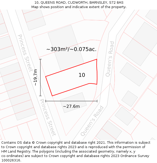 10, QUEENS ROAD, CUDWORTH, BARNSLEY, S72 8AS: Plot and title map
