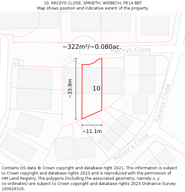 10, RACEYS CLOSE, EMNETH, WISBECH, PE14 8BT: Plot and title map