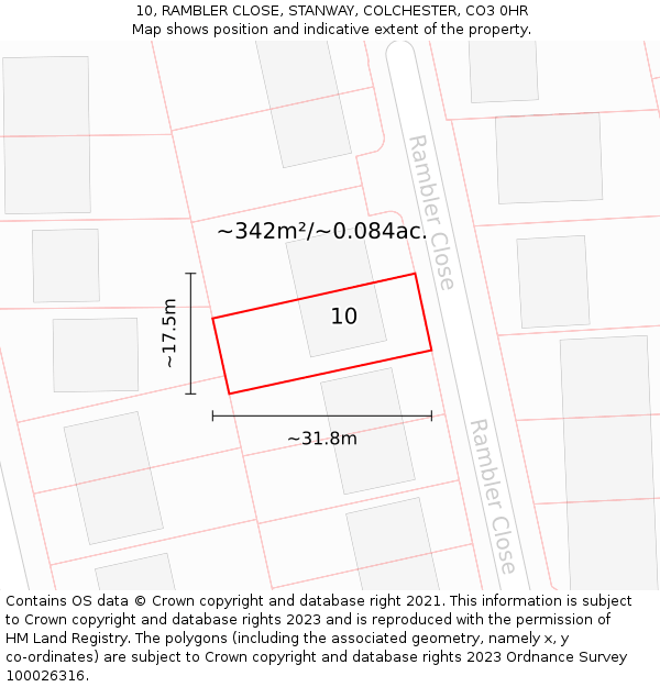 10, RAMBLER CLOSE, STANWAY, COLCHESTER, CO3 0HR: Plot and title map