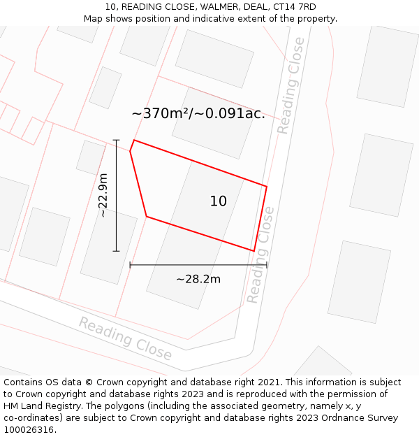 10, READING CLOSE, WALMER, DEAL, CT14 7RD: Plot and title map