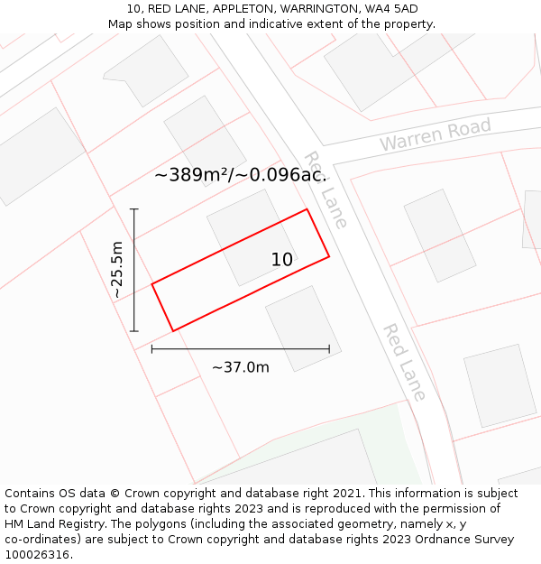10, RED LANE, APPLETON, WARRINGTON, WA4 5AD: Plot and title map