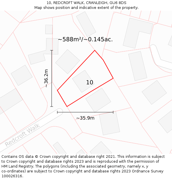 10, REDCROFT WALK, CRANLEIGH, GU6 8DS: Plot and title map
