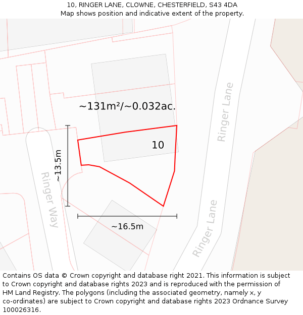 10, RINGER LANE, CLOWNE, CHESTERFIELD, S43 4DA: Plot and title map