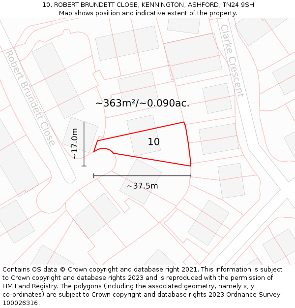 10, ROBERT BRUNDETT CLOSE, KENNINGTON, ASHFORD, TN24 9SH: Plot and title map