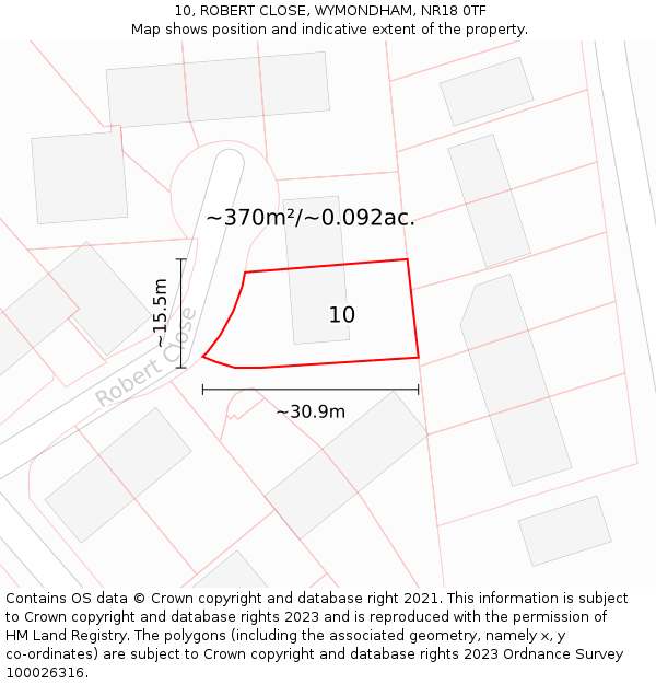 10, ROBERT CLOSE, WYMONDHAM, NR18 0TF: Plot and title map